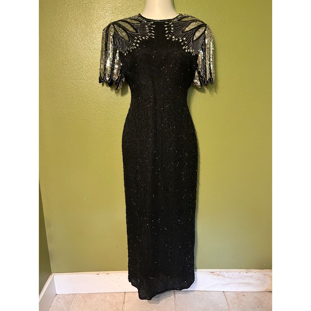Mob Wife VTG Laurence Kazar Black Silk Sequin Maxi Evening Dress XL Dark Romance